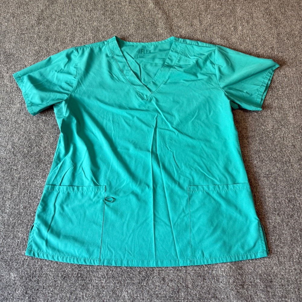 4Flex Women XL Teal Green V-Neck Scrub Top‎ Short Sleeve Medical Uniform Pockets